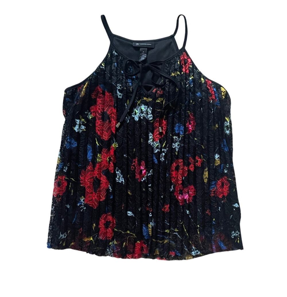 Electric Floral Sleeveless Top Sheer Overlay Size Medium Halter Dark Feminine